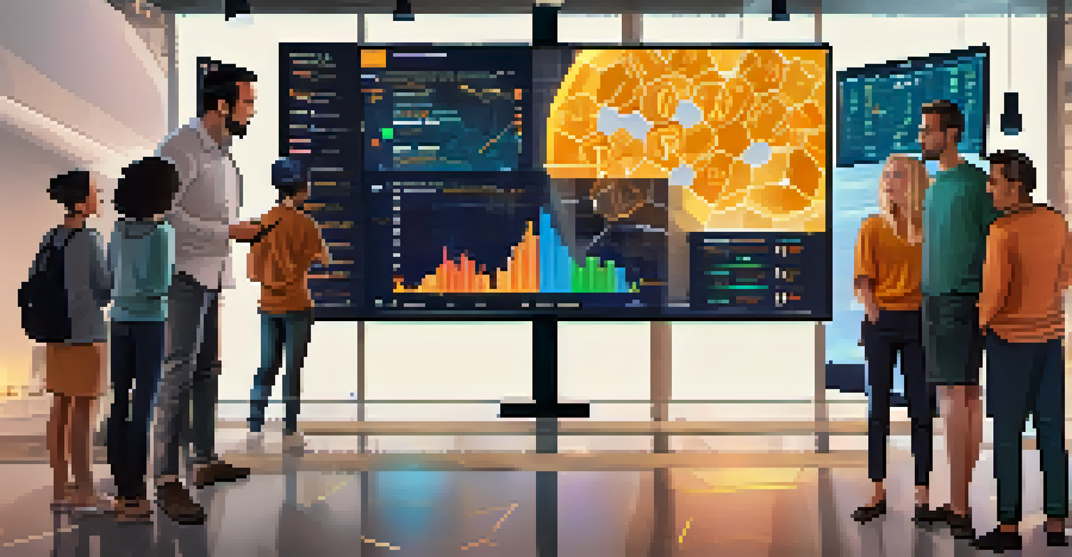 A group of people engaged in discussion while looking at cryptocurrency market trends on a screen.