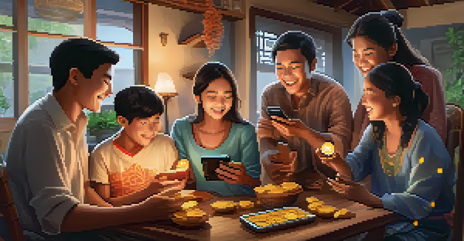 A family celebrating around a smartphone after receiving a Bitcoin remittance in a cozy home setting.