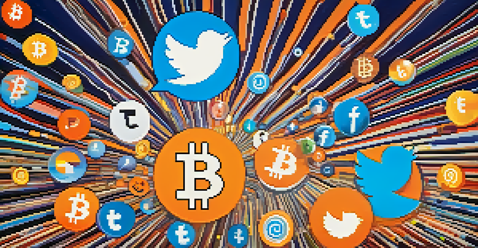 Social media icons around a Bitcoin symbol, with bright colors and dynamic lines illustrating the spread of information.