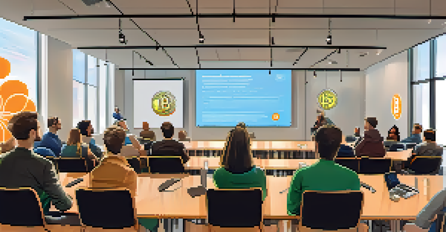 Participants attentively listening to a guest speaker at an educational Bitcoin meetup in a bright conference room.