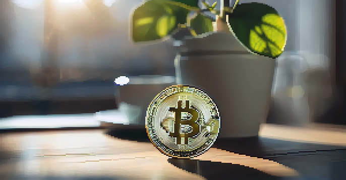 A Bitcoin coin on a wooden table with natural light and a blurred background of a plant and coffee cup.