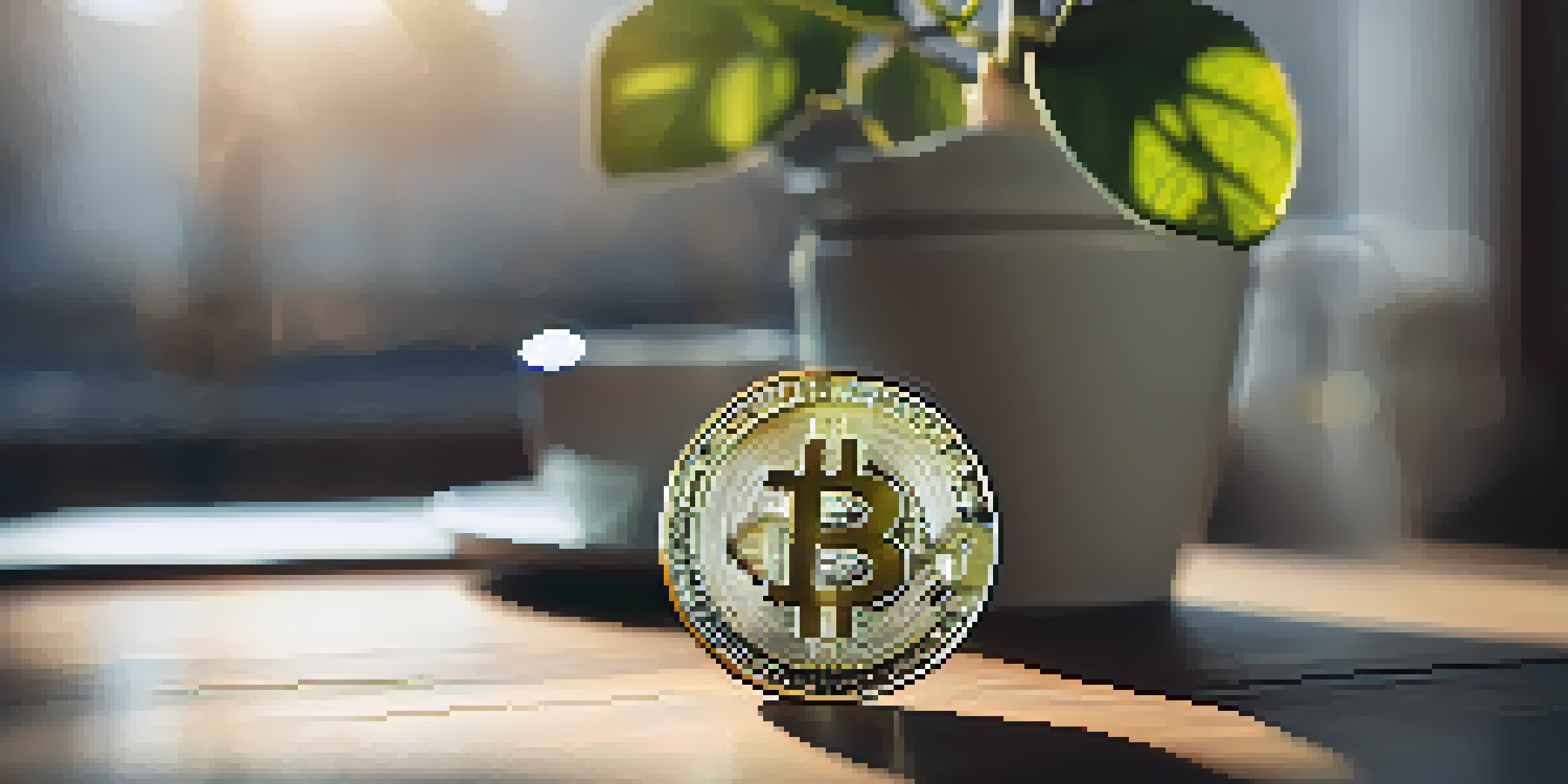 A Bitcoin coin on a wooden table with natural light and a blurred background of a plant and coffee cup.
