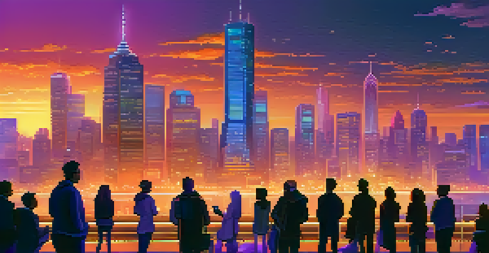 A city skyline at dusk with people discussing cryptocurrency and looking at their smartphones.