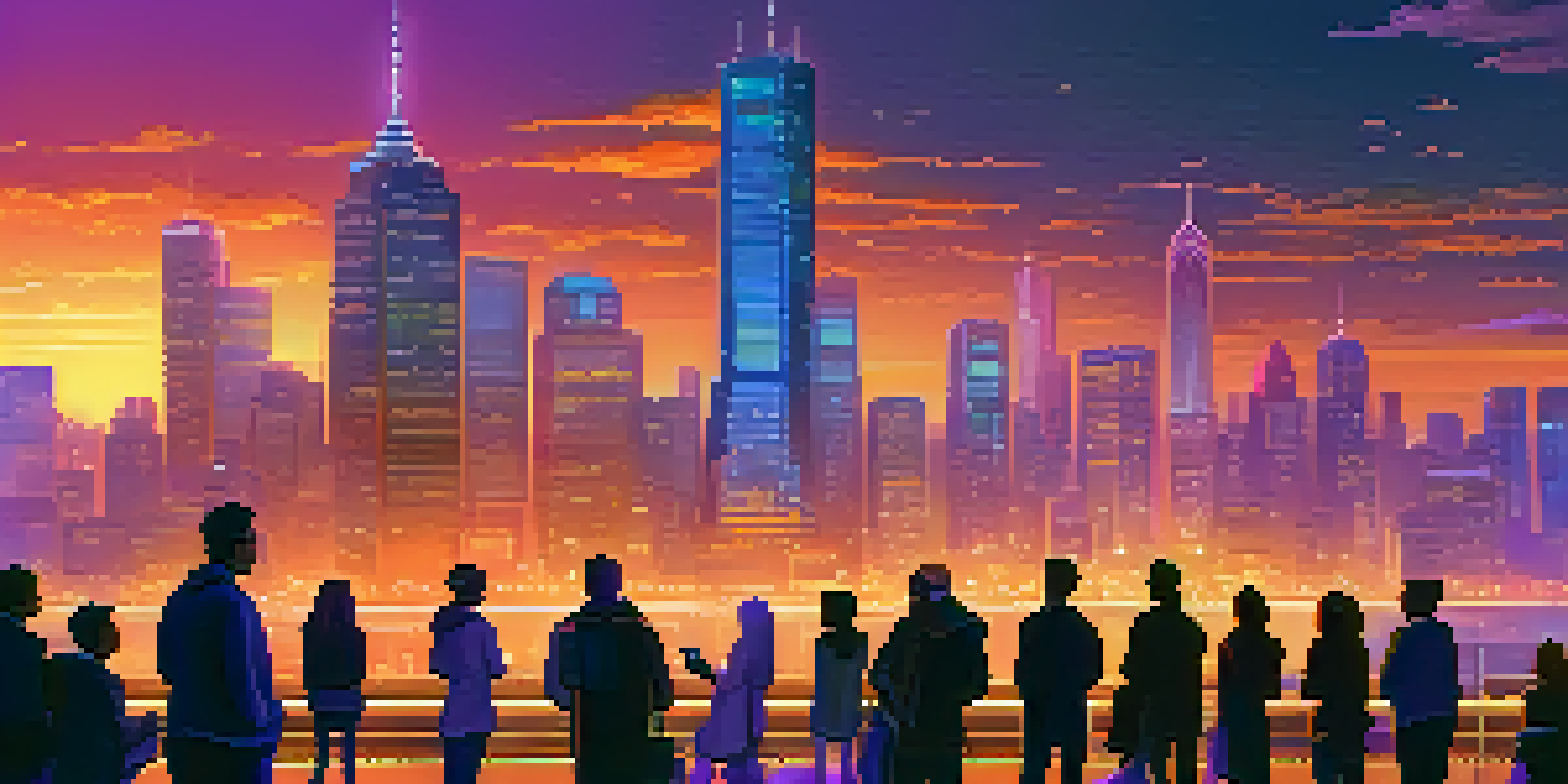 A city skyline at dusk with people discussing cryptocurrency and looking at their smartphones.