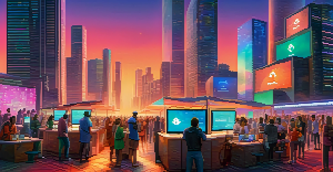 A futuristic digital marketplace depicting users engaged in decentralized finance activities, surrounded by a vibrant cityscape and colorful digital screens.