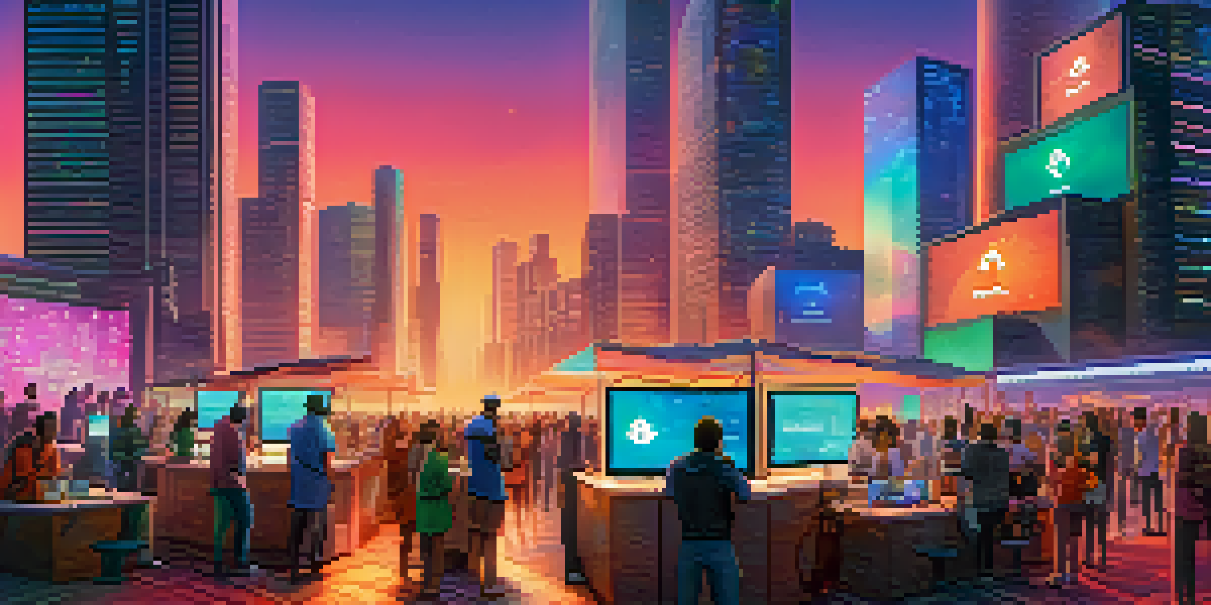 A futuristic digital marketplace depicting users engaged in decentralized finance activities, surrounded by a vibrant cityscape and colorful digital screens.