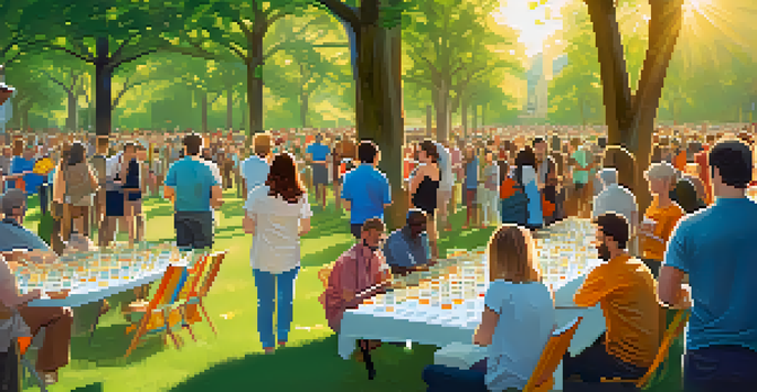 A vibrant outdoor fundraising event in a park, showcasing people using smartphones to donate Bitcoin, with colorful banners and information tables.