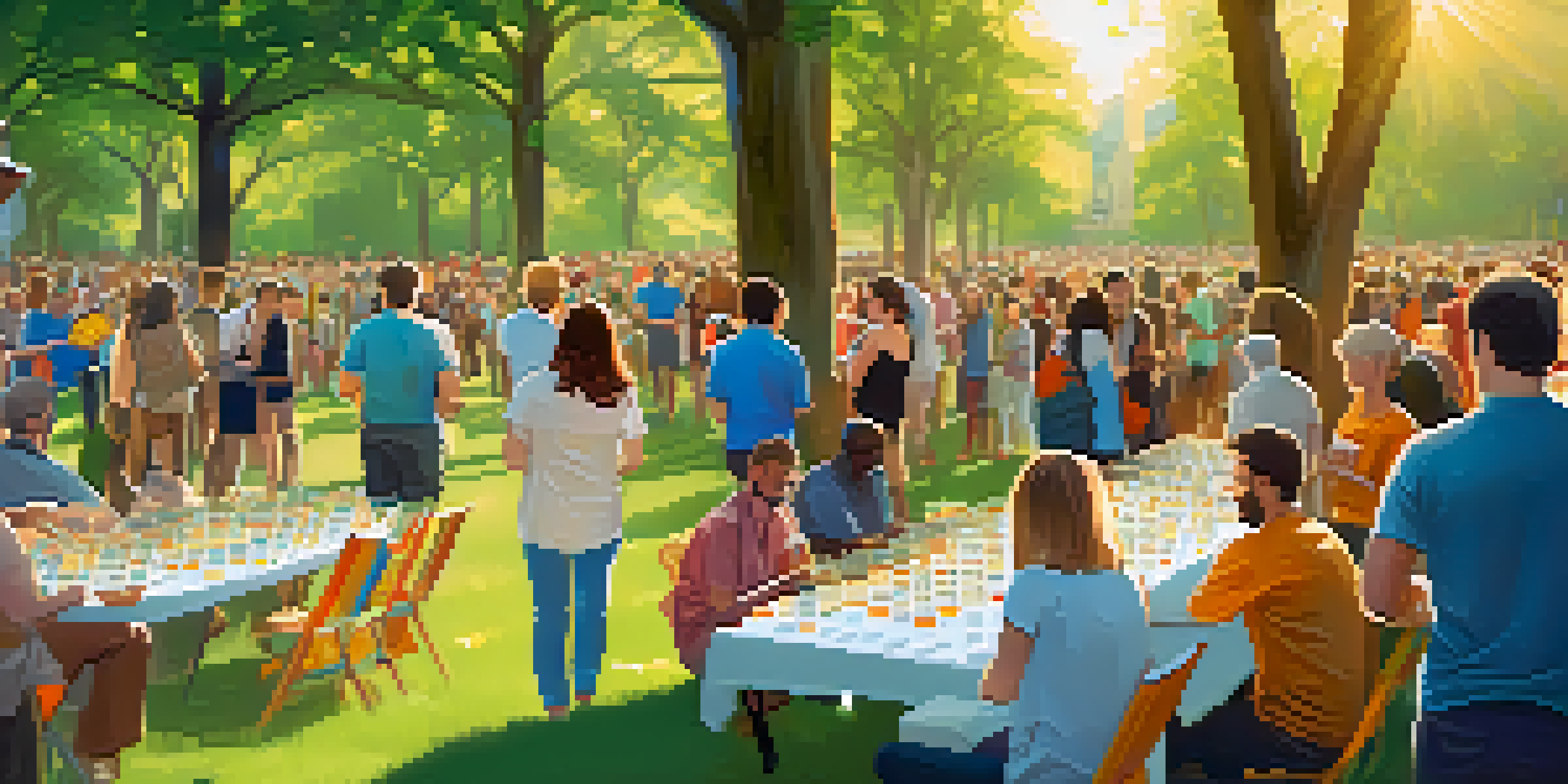 A vibrant outdoor fundraising event in a park, showcasing people using smartphones to donate Bitcoin, with colorful banners and information tables.