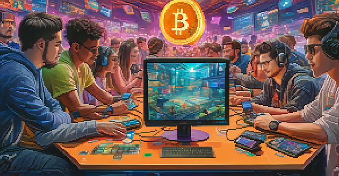 A diverse group of players engaged in an online game, with glowing screens and digital elements representing Bitcoin.