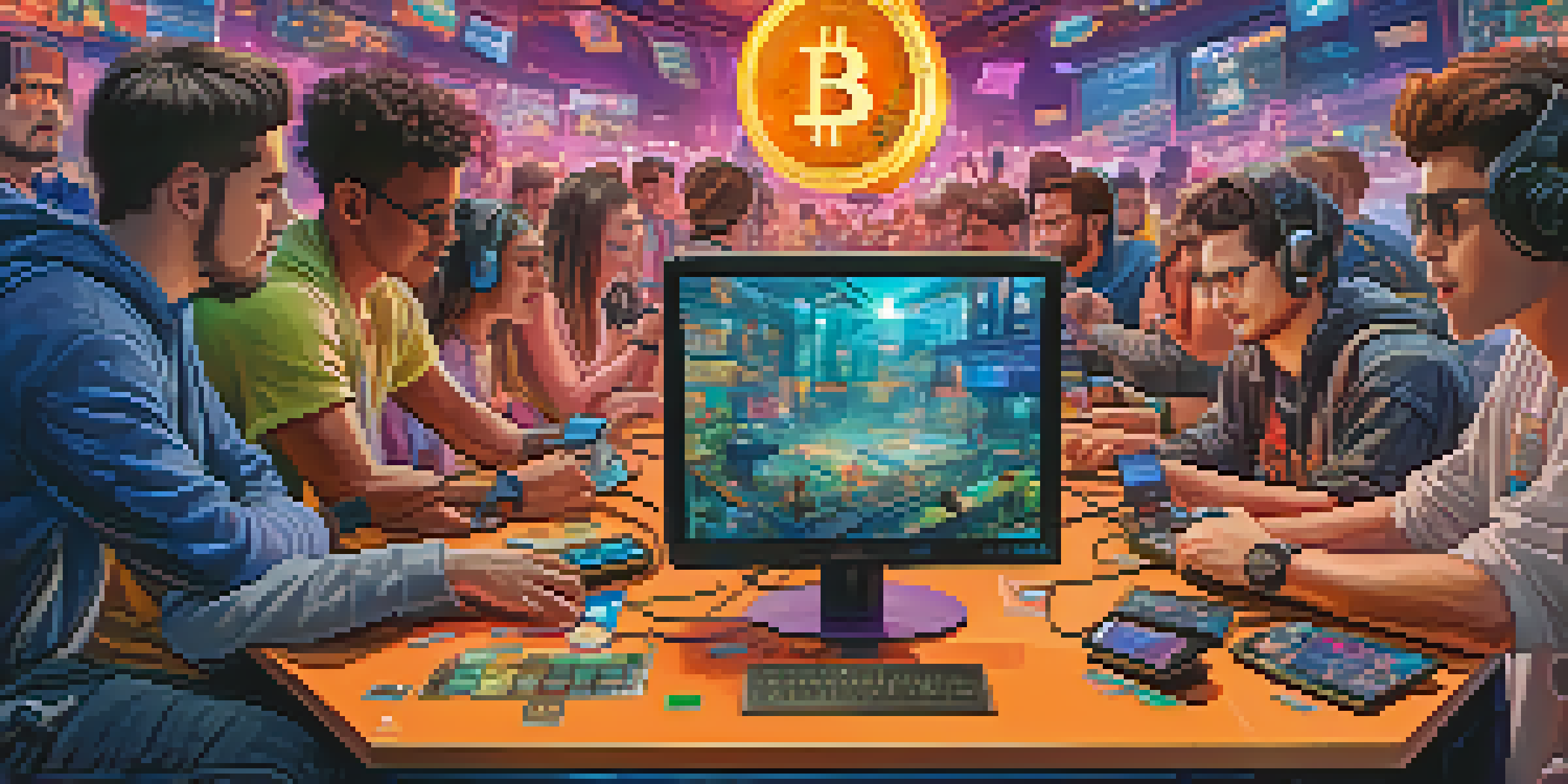 A diverse group of players engaged in an online game, with glowing screens and digital elements representing Bitcoin.
