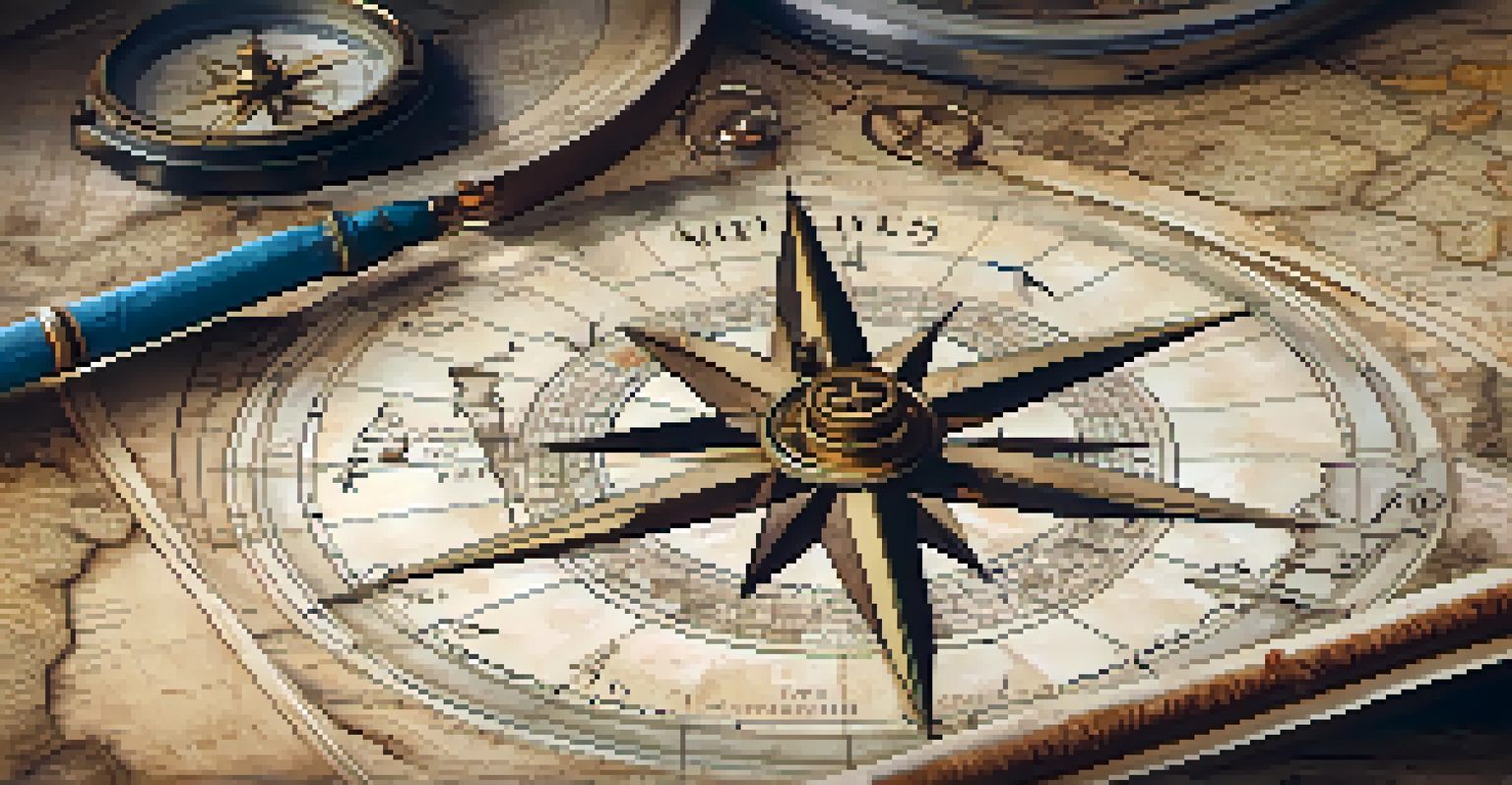 A detailed close-up of a vintage compass on a worn map, showcasing the compass needle and intricate illustrations of trade routes.