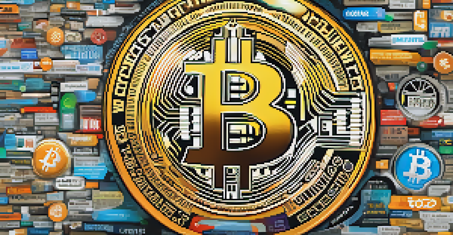 An artistic image of a Bitcoin coin surrounded by news headlines and social media icons.