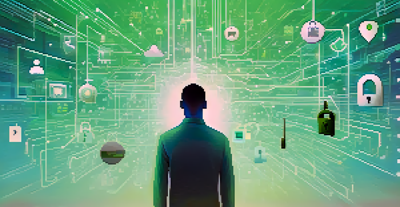 An abstract human silhouette surrounded by digital icons representing identity verification.