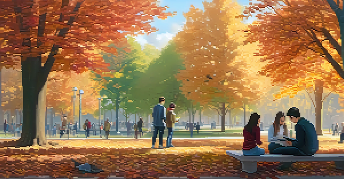 A peaceful park scene in autumn with people using digital devices and colorful trees.