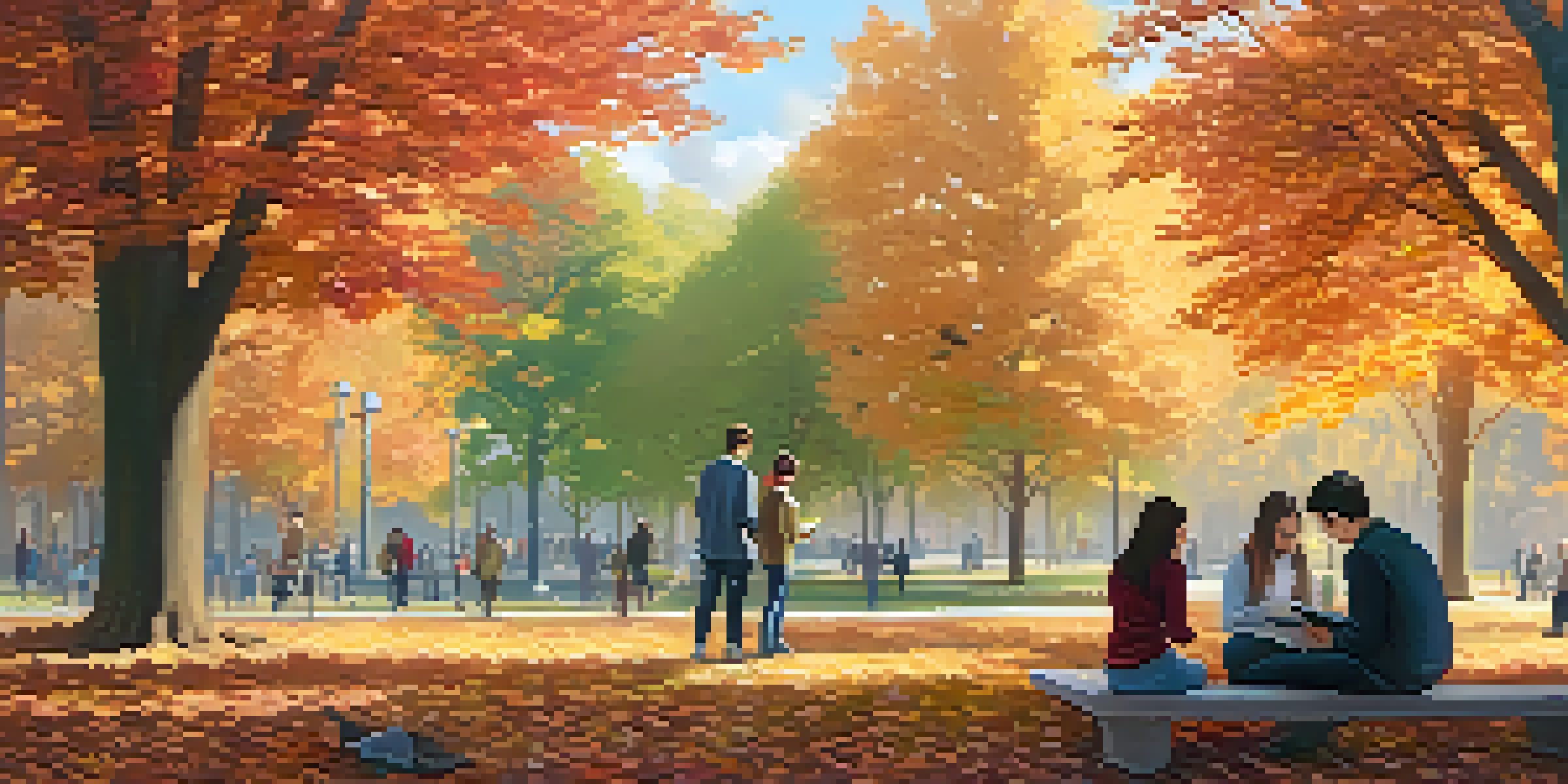 A peaceful park scene in autumn with people using digital devices and colorful trees.