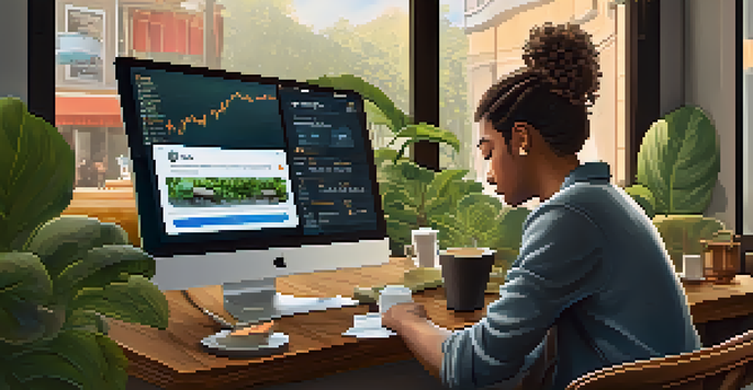 A freelancer sitting in a coffee shop, working on a laptop with a Bitcoin wallet interface on the screen, surrounded by plants and a cup of coffee.