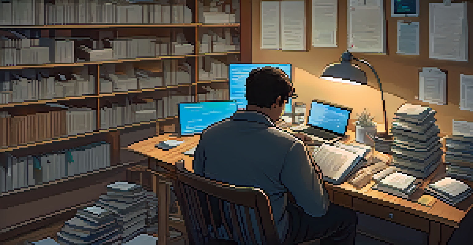 A person at a desk researching Bitcoin security on their laptop, surrounded by books and notes, in a well-lit room that suggests a cozy and productive environment.