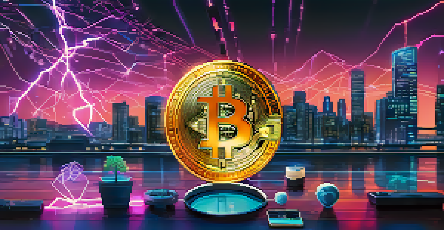 An illustration of Bitcoin technology evolution, showing a smartphone with Bitcoin icons and graphics of the Lightning Network against a futuristic cityscape.
