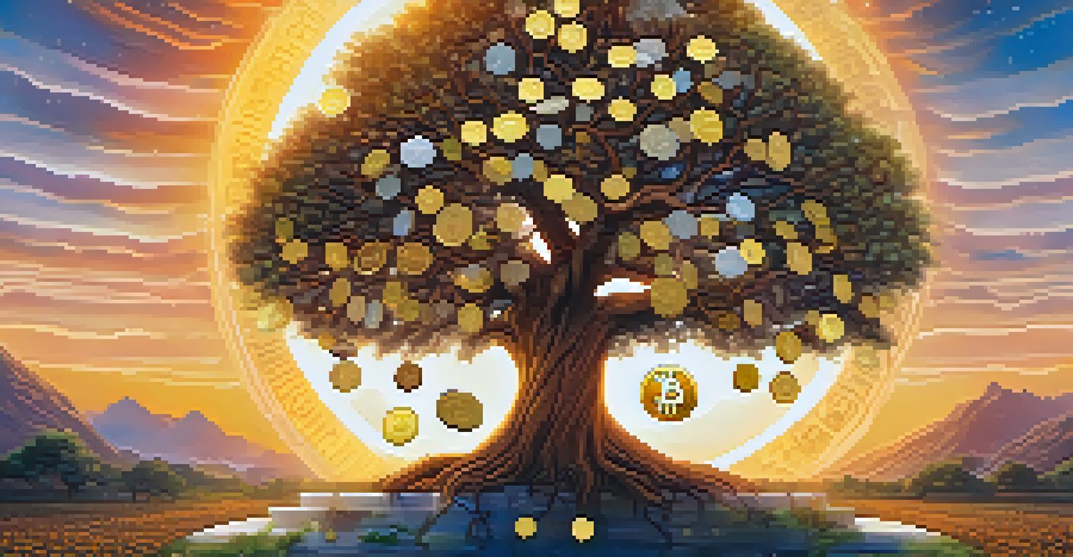 A tree representing decentralized governance in blockchain, with branches adorned with colorful coins, set against a serene landscape at sunrise.