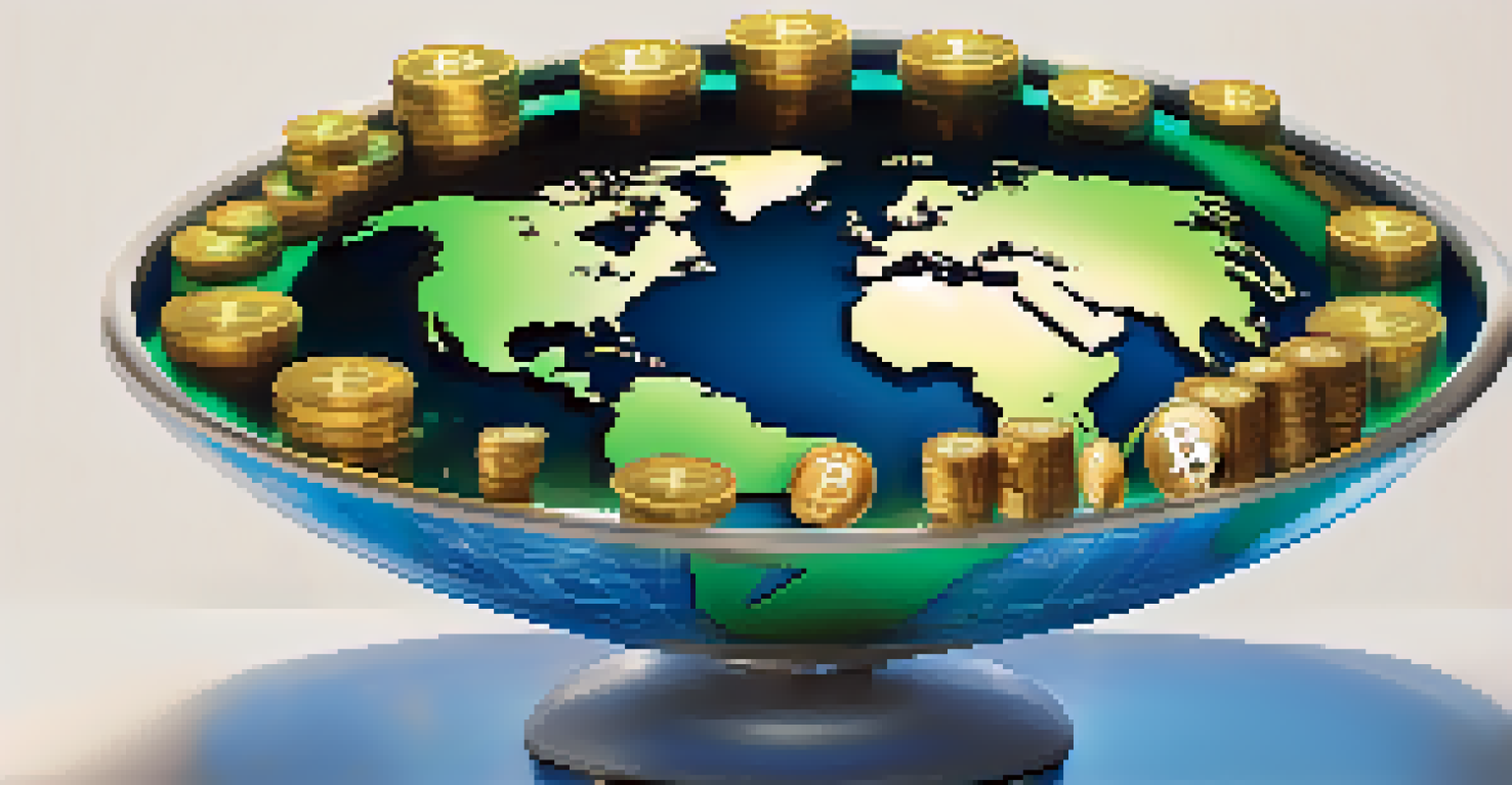 A glowing globe surrounded by digital currency symbols, highlighting the Bitcoin logo, symbolizing global philanthropy.