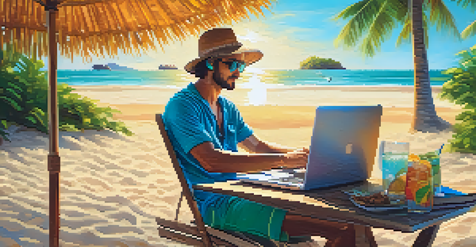A person working on a laptop at a beach in Thailand, with palm trees and a coconut drink beside them.