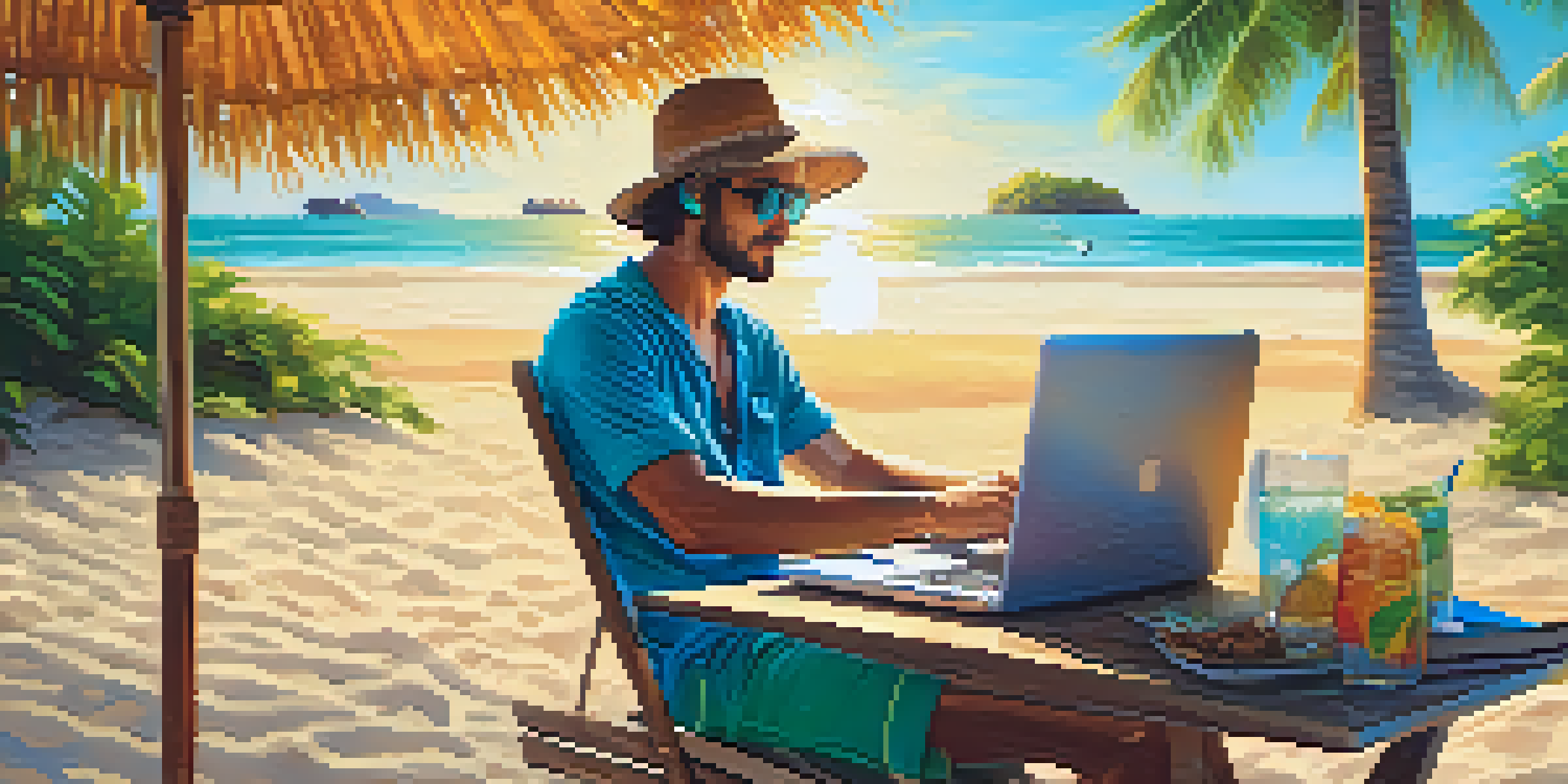 A person working on a laptop at a beach in Thailand, with palm trees and a coconut drink beside them.