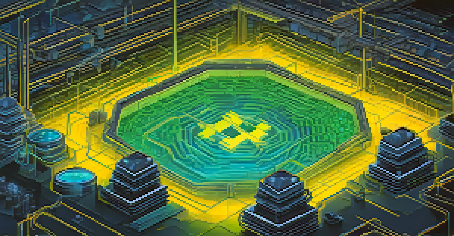 An overhead view of a digital landscape representing a Bitcoin mining pool, with glowing nodes and Bitcoin symbols in vibrant colors.