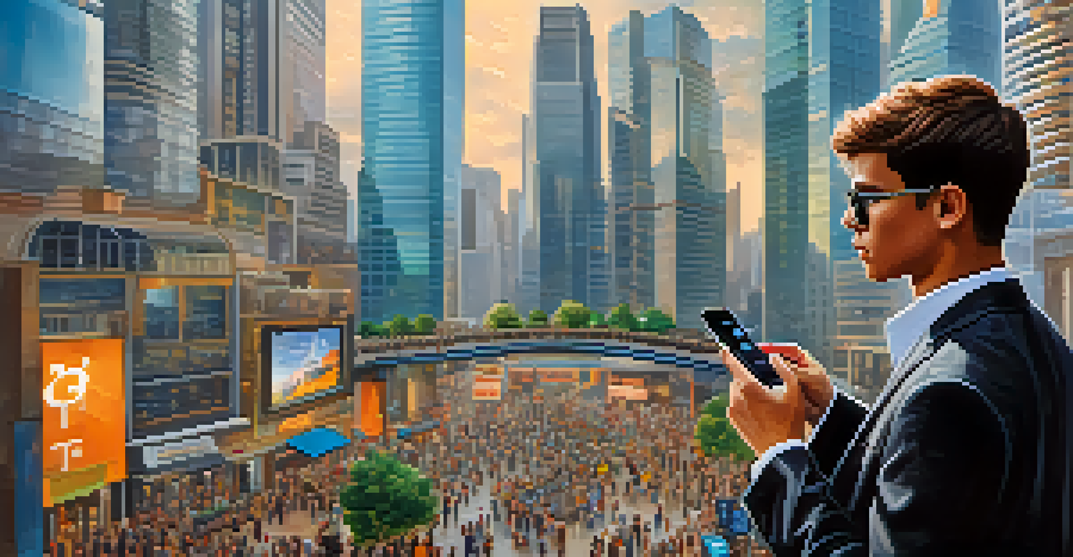 A young entrepreneur using a smartphone for a Bitcoin transaction in a lively urban setting.