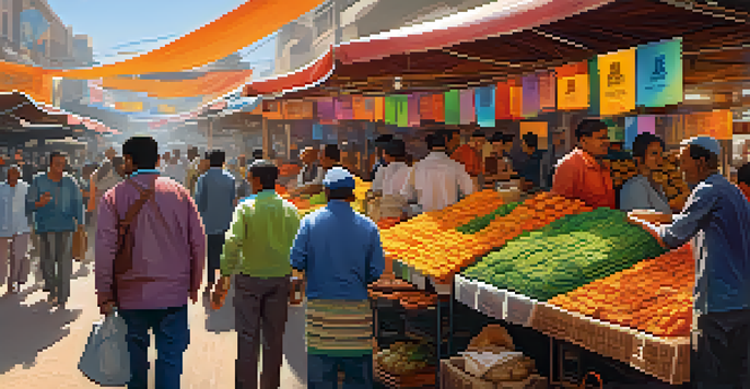 A bustling market filled with people using smartphones to send money, highlighting the use of Bitcoin for remittances.