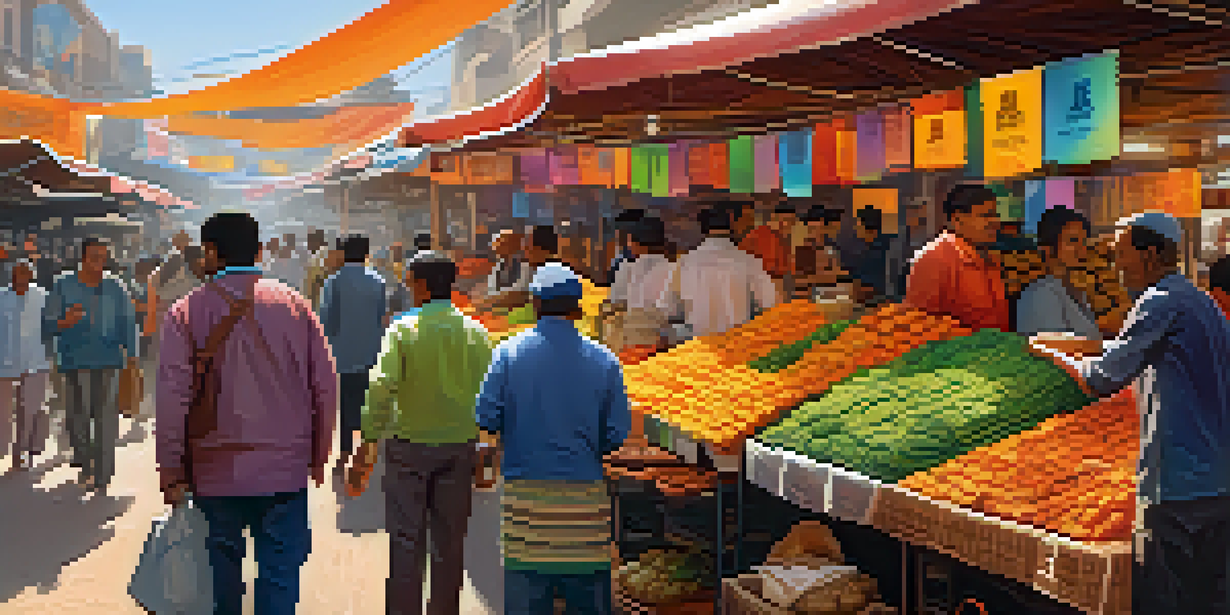 A bustling market filled with people using smartphones to send money, highlighting the use of Bitcoin for remittances.