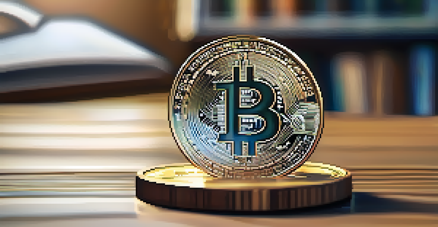 A shiny Bitcoin coin on a wooden table with a blurred educational book about cryptocurrency in the background.