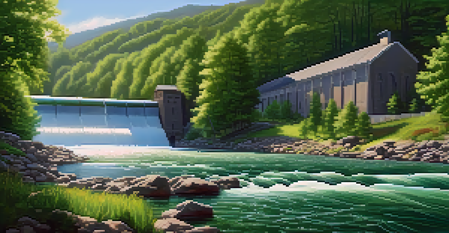 A river with a hydropower station and a Bitcoin mining facility surrounded by trees.