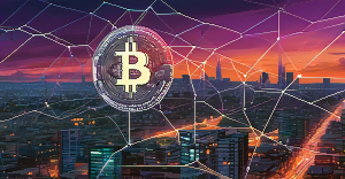 A Bitcoin symbol is depicted in a futuristic city skyline, surrounded by a network of lines and nodes, with a sunset in the background.