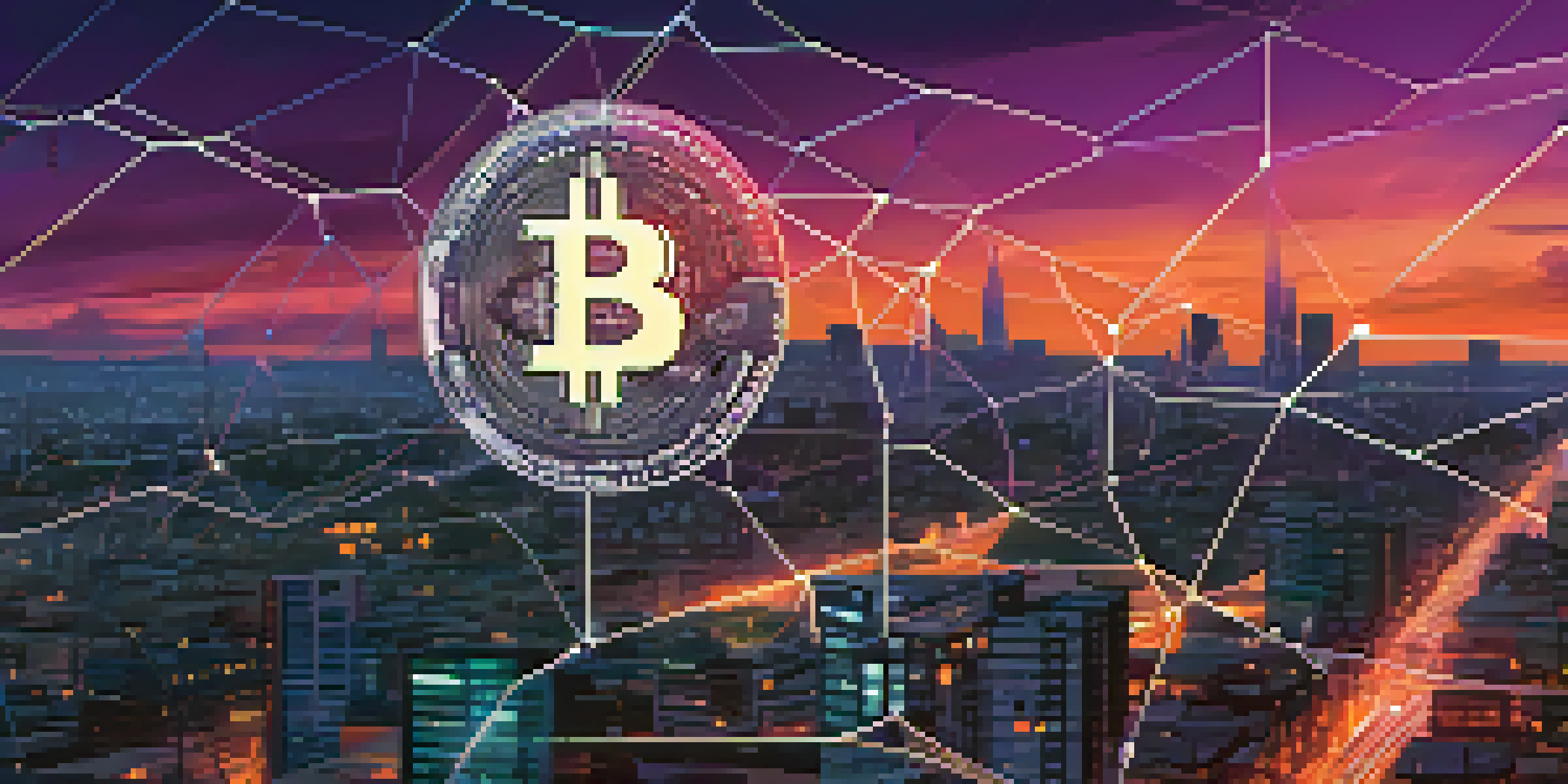 A Bitcoin symbol is depicted in a futuristic city skyline, surrounded by a network of lines and nodes, with a sunset in the background.