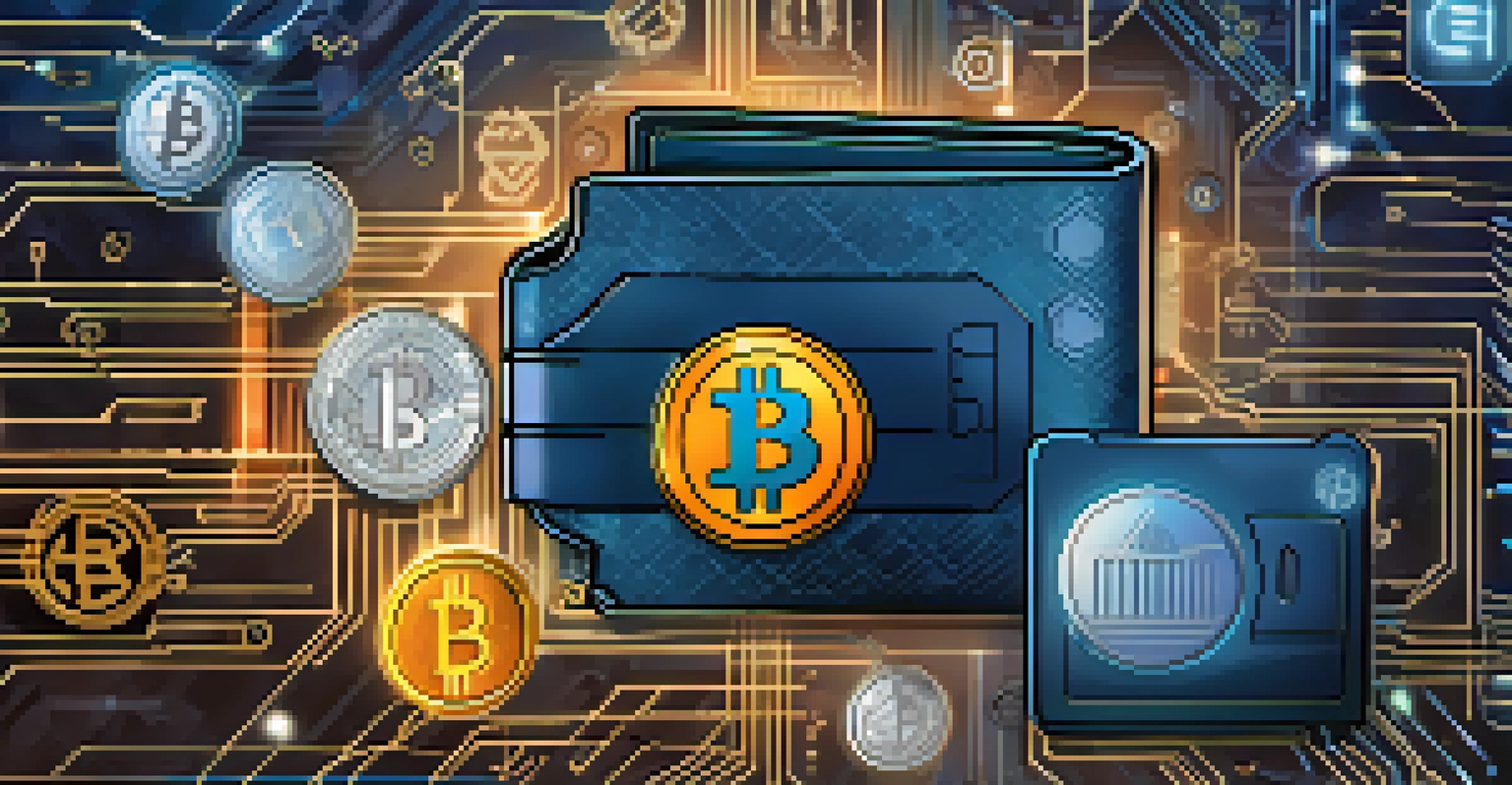 A close-up view of a digital wallet with multiple cryptocurrencies displayed, focusing on Bitcoin, set against a background of circuit patterns.