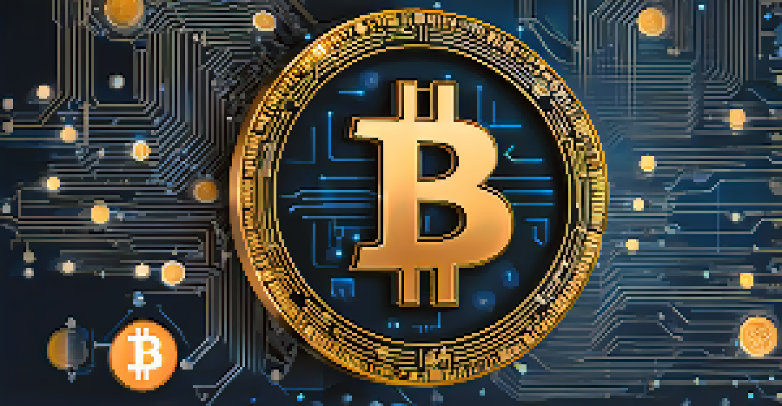 A glowing Bitcoin coin surrounded by mathematical symbols and graphs on a dark blue gradient background.