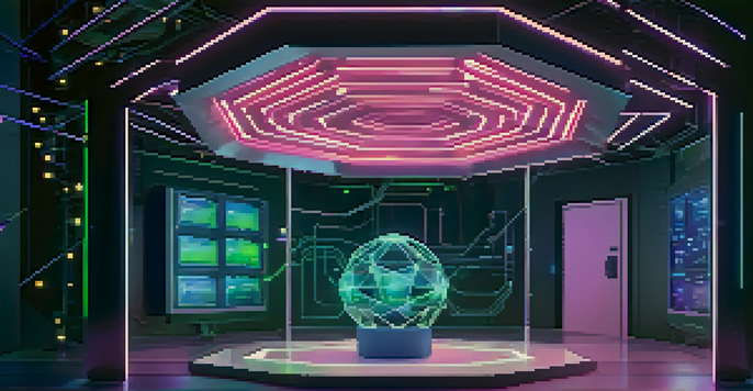 A futuristic digital landscape showing a secure virtual vault with interconnected nodes symbolizing blockchain technology against a dark blue background.