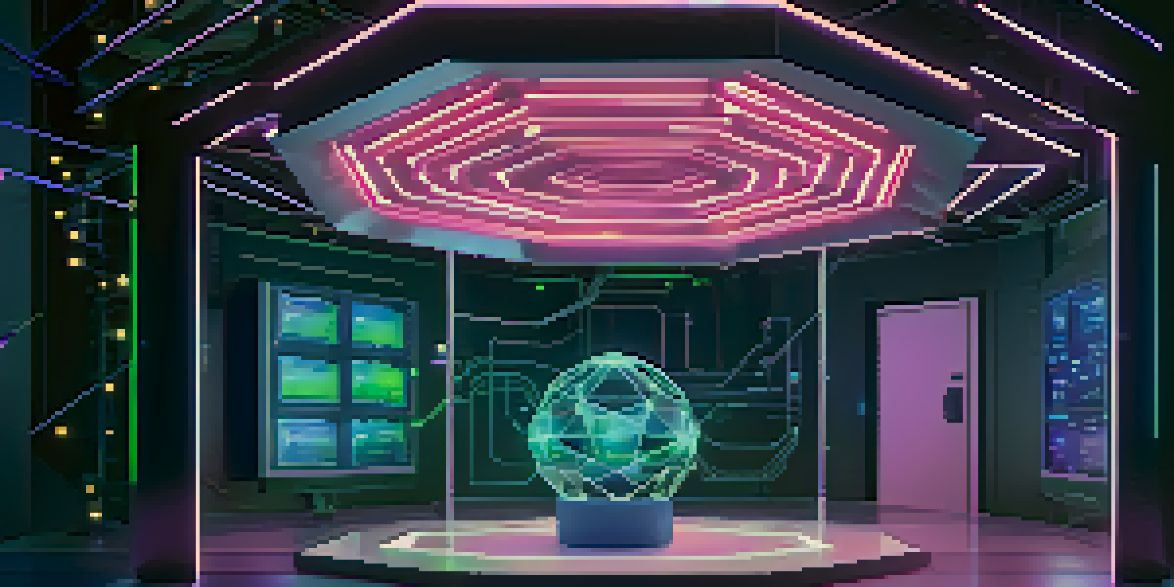 A futuristic digital landscape showing a secure virtual vault with interconnected nodes symbolizing blockchain technology against a dark blue background.