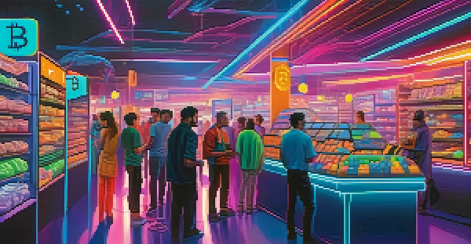 A futuristic digital marketplace with people trading Bitcoin on holographic screens.