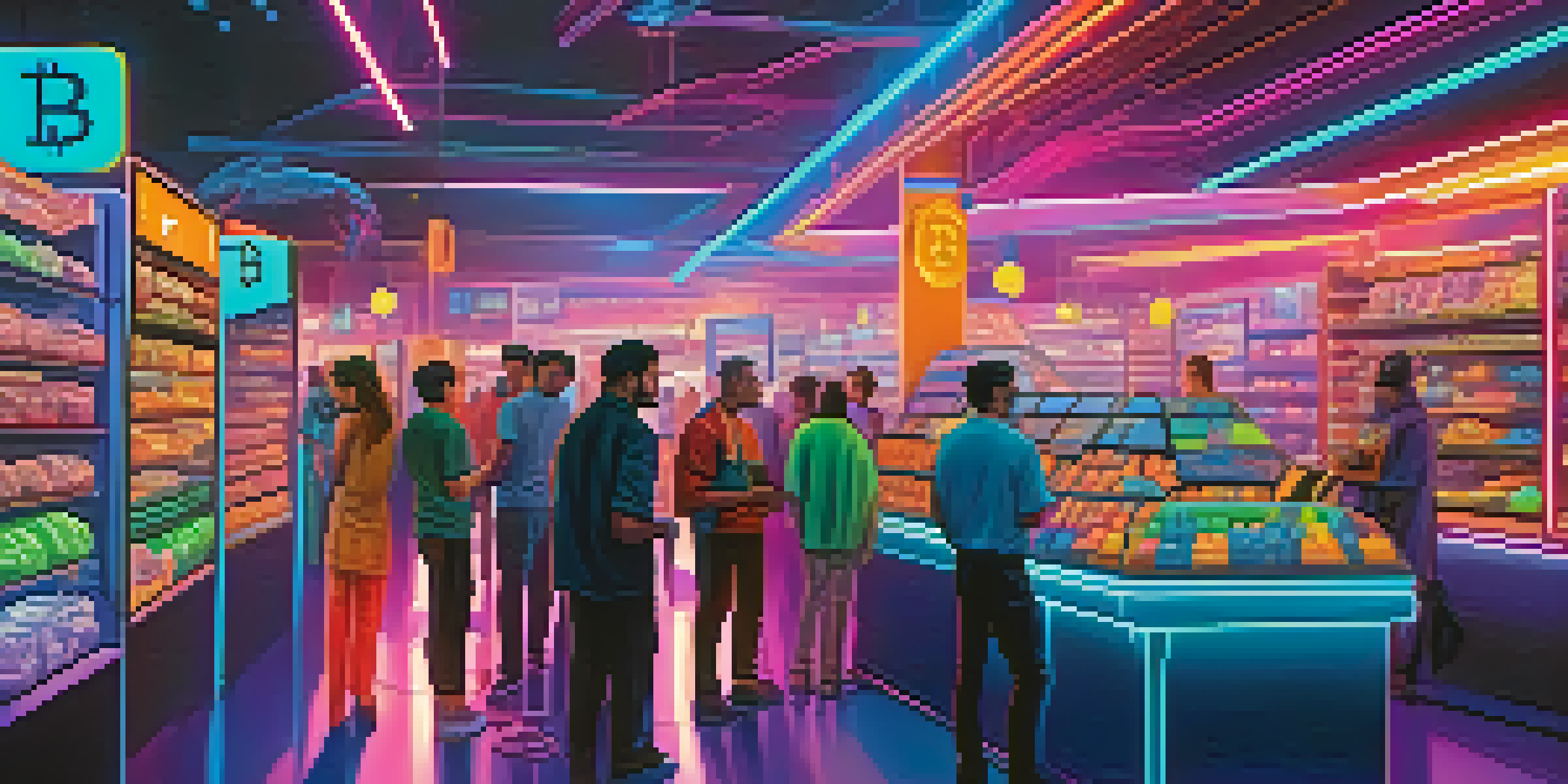 A futuristic digital marketplace with people trading Bitcoin on holographic screens.