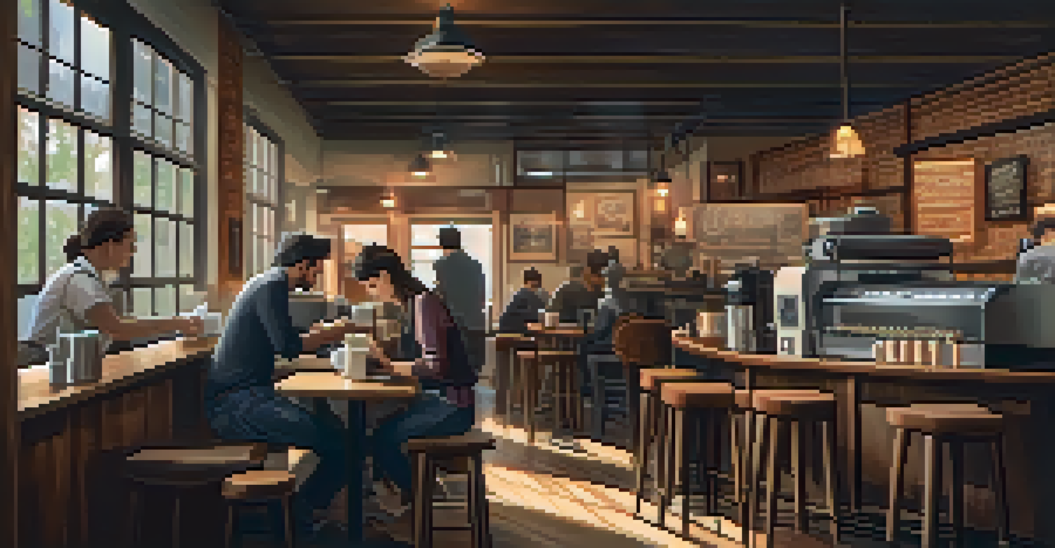 A cozy coffee shop with warm lighting and people enjoying their time.
