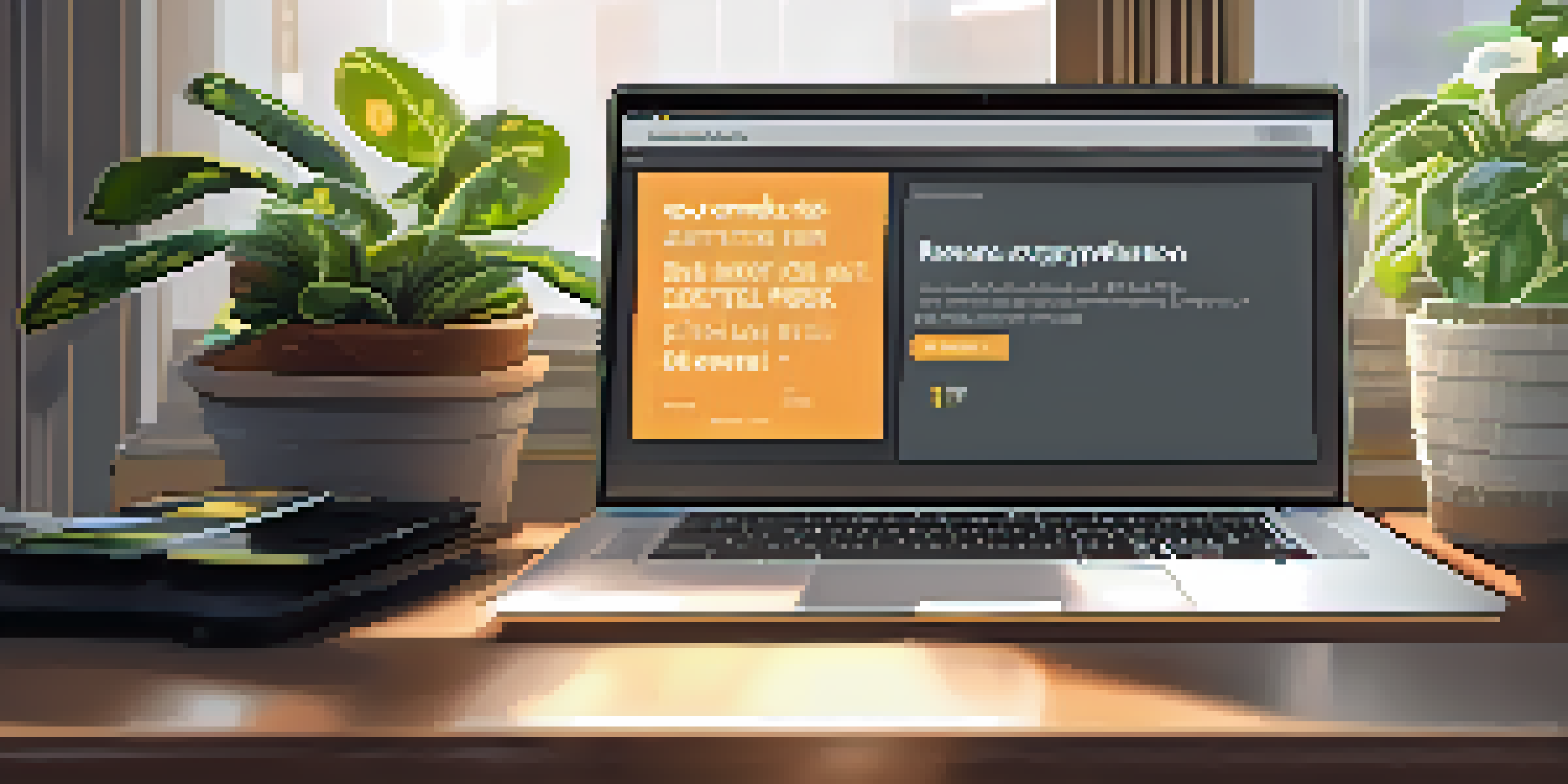 A bright home office with a laptop showing a Bitcoin wallet, a plant, and a coffee mug on the desk.