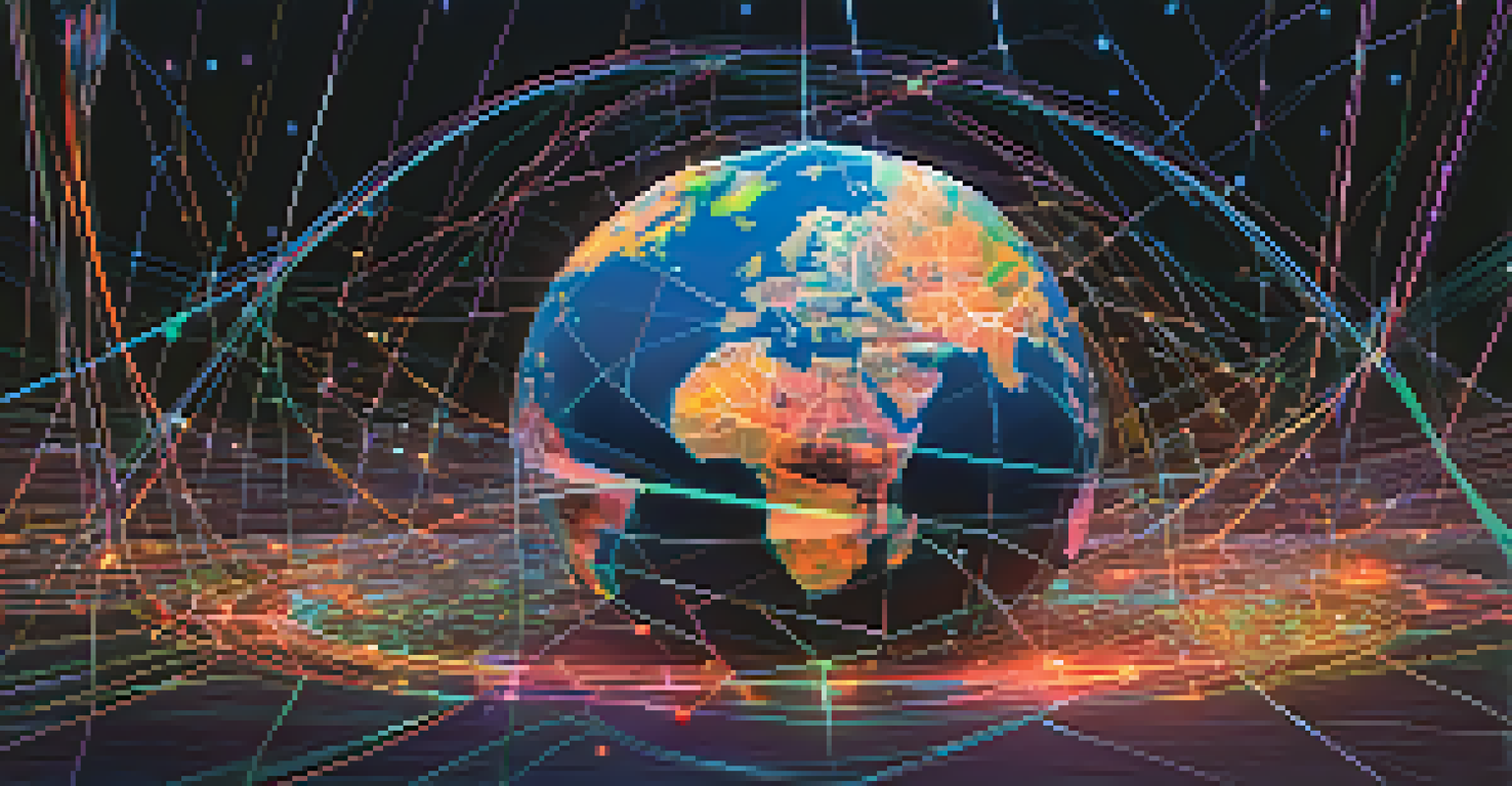 A globe with glowing interconnected nodes representing Bitcoin transactions in a dark background.