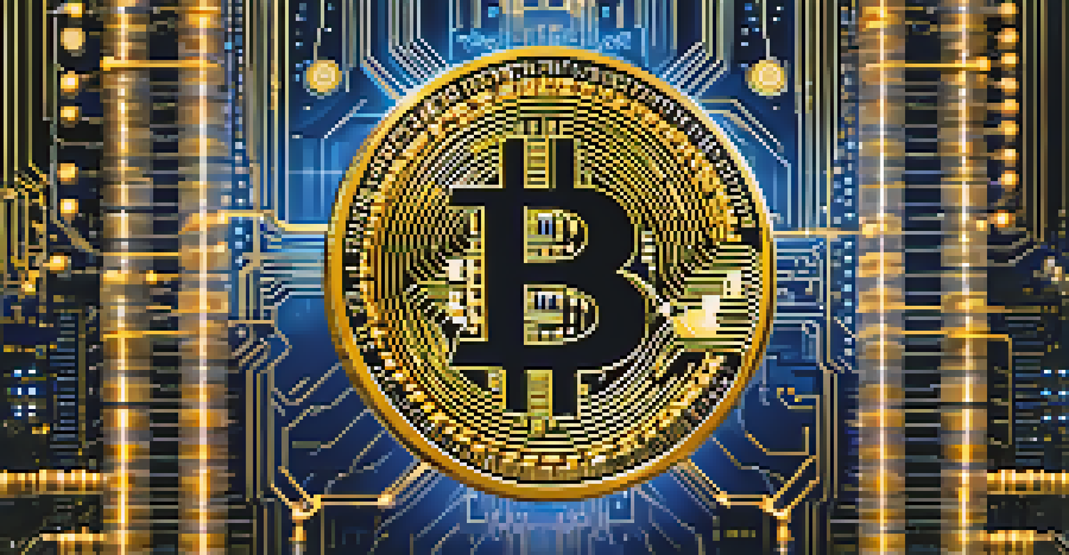 A golden Bitcoin coin surrounded by digital blockchain patterns and glowing nodes.
