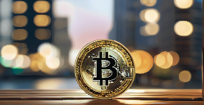 A golden Bitcoin coin on a wooden surface with soft light, blurred financial district in the background.