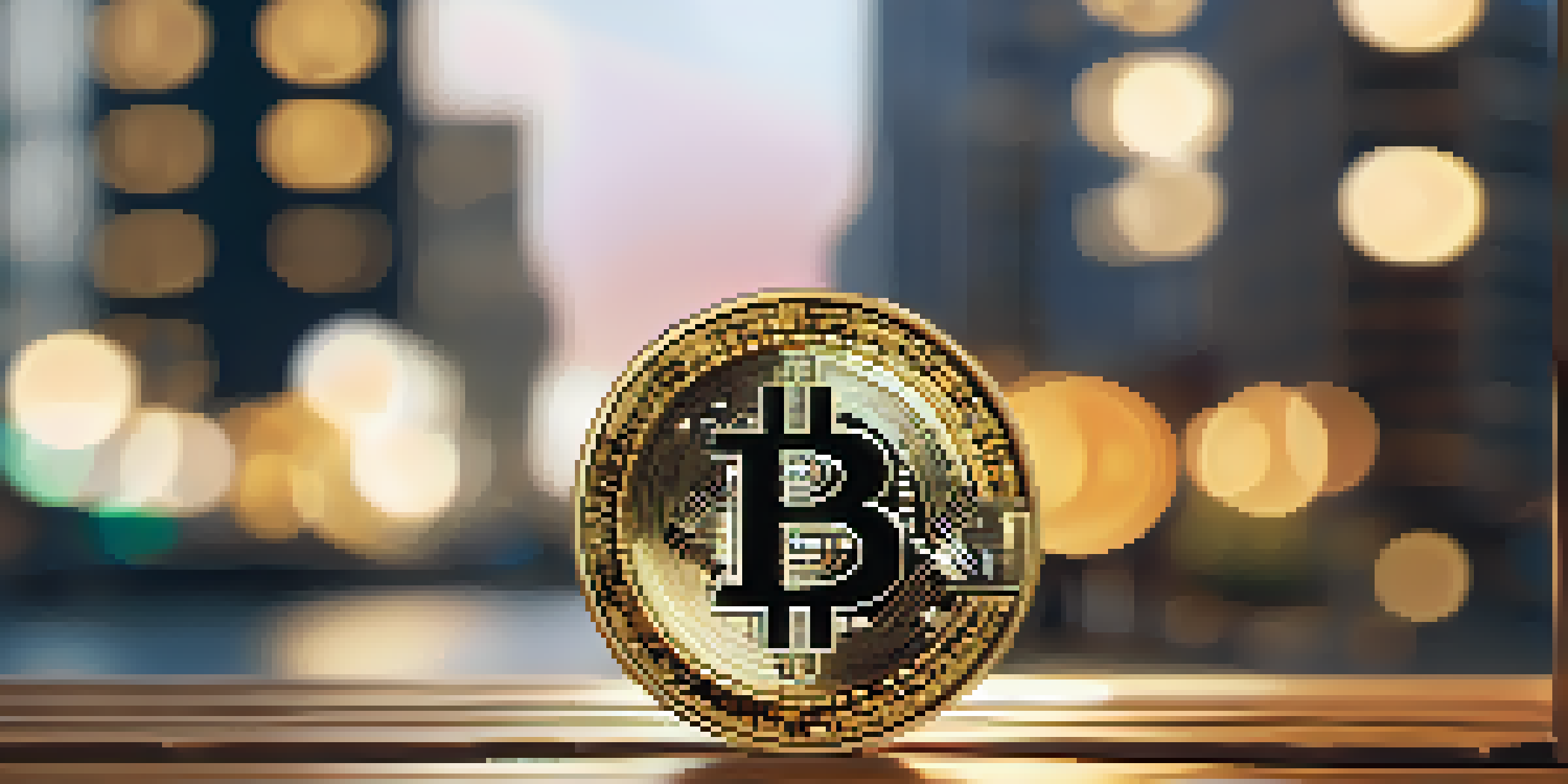 A golden Bitcoin coin on a wooden surface with soft light, blurred financial district in the background.