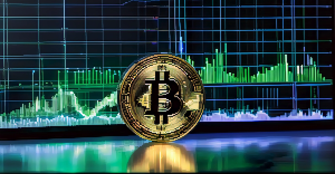 A physical Bitcoin coin on a digital screen showing cryptocurrency market graphs, illuminated by blue and green lights.