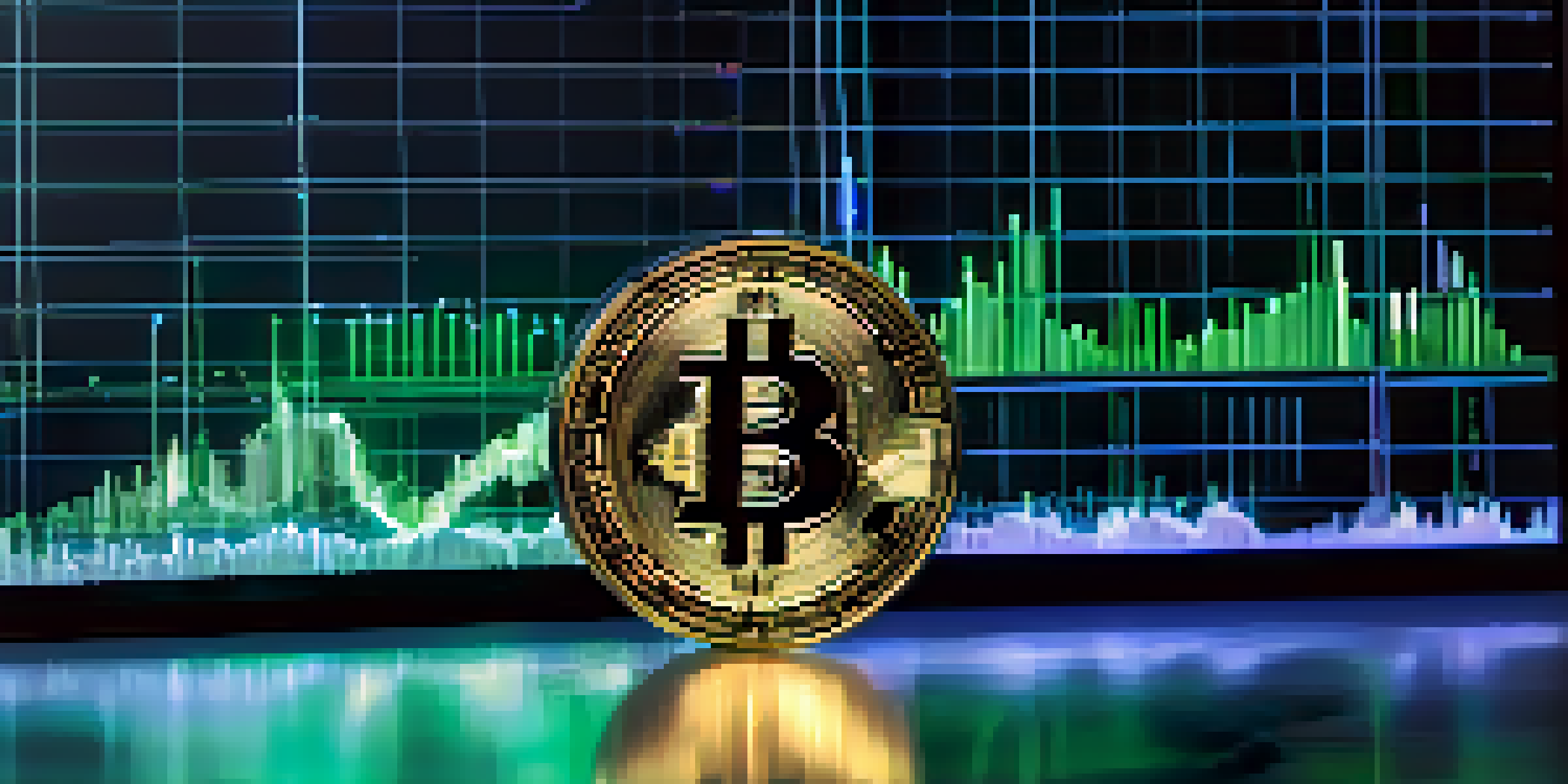 A physical Bitcoin coin on a digital screen showing cryptocurrency market graphs, illuminated by blue and green lights.