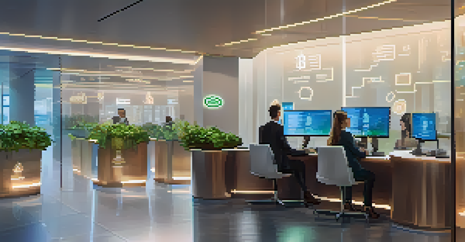 A modern bank office where customers discuss Bitcoin and digital currencies with employees, showcasing a blend of traditional banking and technology.