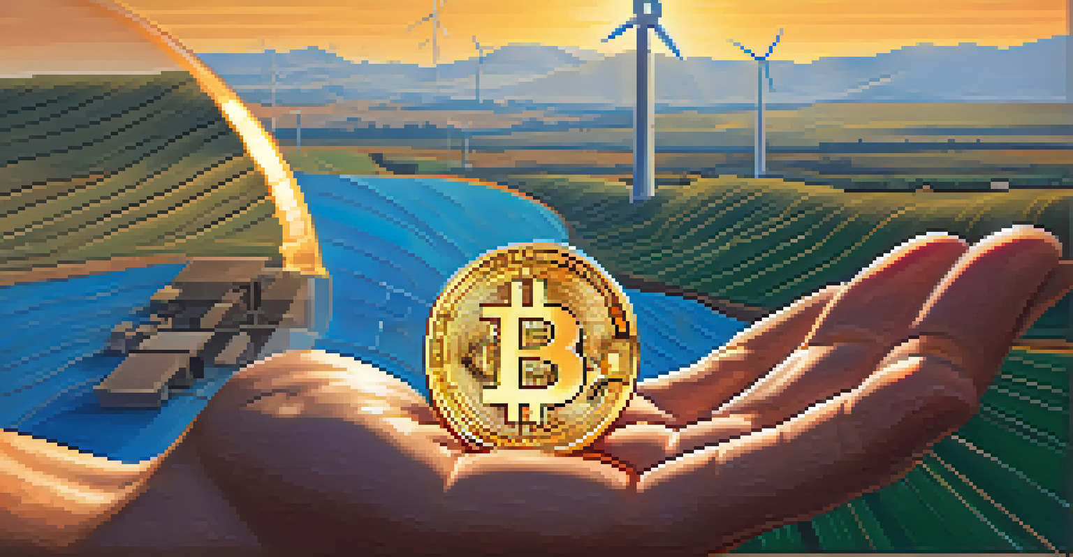 A hand holding a Bitcoin with wind turbines and solar panels in the background, representing sustainable mining.